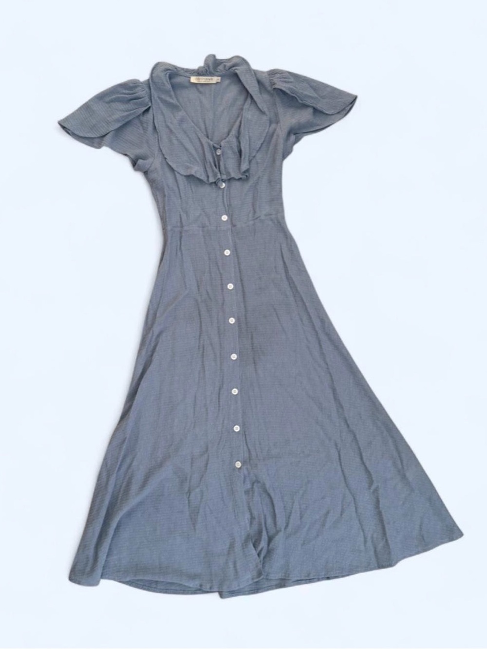 Christy Dawn Blue-Gray Button-Front Maxi Dress with Ruffle Collar